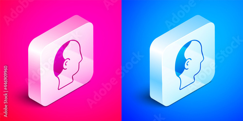 Isometric Baldness icon isolated on pink and blue background. Alopecia. Silver square button. Vector