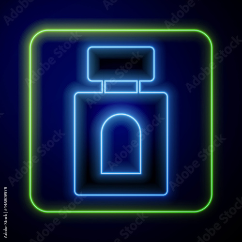 Glowing neon Aftershave icon isolated on blue background. Cologne spray icon. Male perfume bottle. Vector