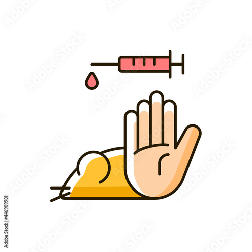 No mice testing RGB color icon. Avoid research of chemicals on rats. Prevention for animal experiments in laboratories. Ban pet abuse. Isolated vector illustration. Simple filled line drawing