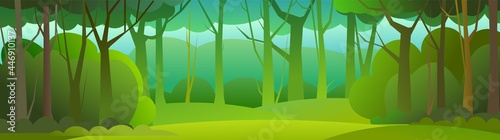 Forest trees vector. Dense wild plants with tall, branched trunks. Summer green landscape. Flat design. Cartoon style. Vector © WebPAINTER-Std