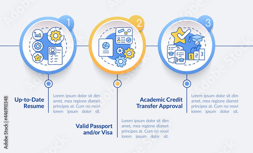 Internship requirements vector infographic template. Valid documents presentation outline design elements. Data visualization with 3 steps. Process timeline info chart. Workflow layout with line icons