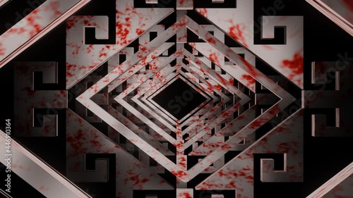 Geometric pattern frame with blood stains is flying through the dark scene.,4К Background Animation of seamless loops