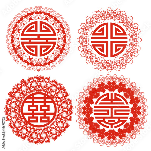 Feng Shui symbols - patterns in a circle. Red template - chinese style. Ethnic ornament and eastern elements. Trendy print for design. Vector set.