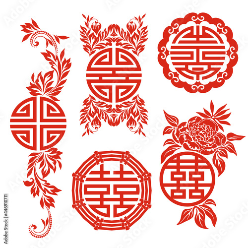 Feng Shui symbols - patterns in a circle. Red template - chinese style. Ethnic ornament and eastern elements. Trendy print for design. Vector set.