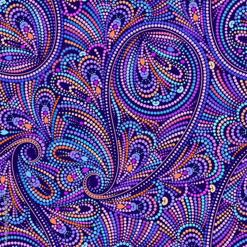 Seamless colorful dotted pattern with paisley. Traditional ethnic ornament. Vector print. Use for wallpaper, pattern fills,textile design.