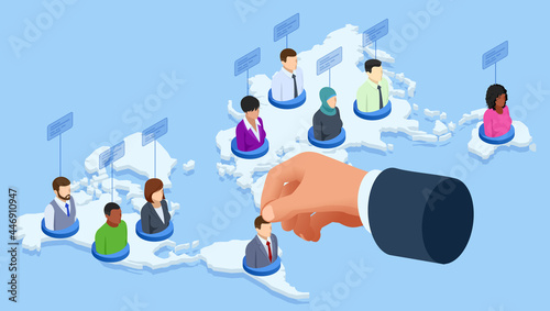 Isometric Social Network Web Site Surfing Concept. Global Communication Around the World, Remote Work.