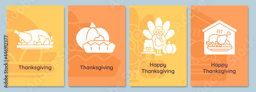 Thanksgiving celebration greeting cards with glyph icon element set. Creative simple postcard vector design. Decorative invitation with minimal illustration. Creative banner with celebratory text