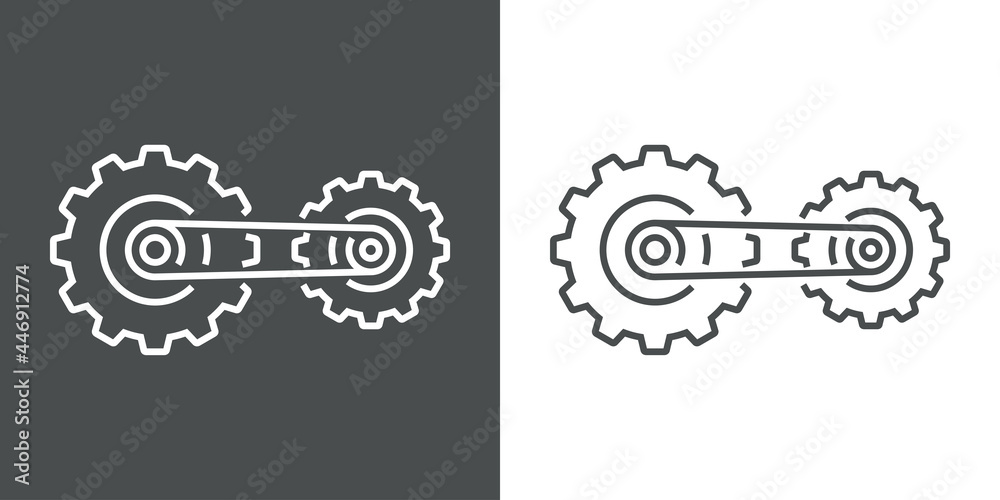 Maquinaria industrial. Logotipo 2 engranajes con cinturón con lineas en fondo gris y fondo blanco Maquinaria industrial. Logotipo 2 engranajes con cinturón con lineas en fondo gris y fondo blanco