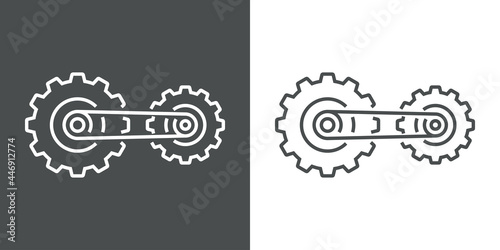 Maquinaria industrial. Logotipo 2 engranajes con cinturón con lineas en fondo gris y fondo blanco