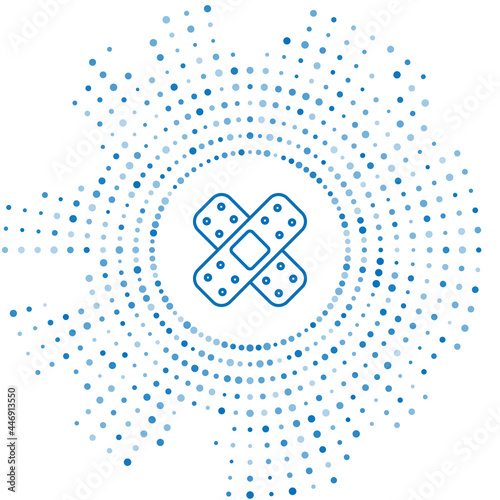 Blue line Crossed bandage plaster icon isolated on white background. Medical plaster, adhesive bandage, flexible fabric bandage. Abstract circle random dots. Vector