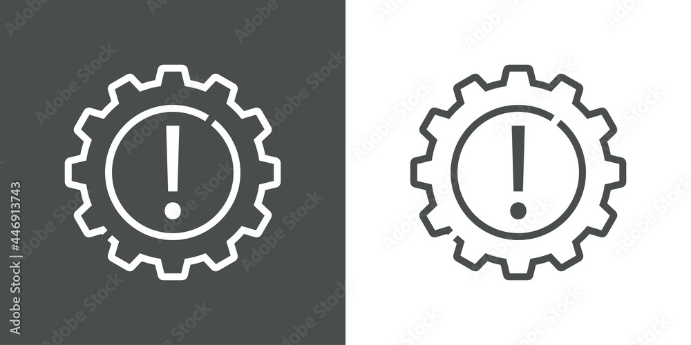 Icono plano engranaje con signo de exclamación con lineas en fondo gris y fondo blanco Icono plano engranaje con signo de exclamación con lineas en fondo gris y fondo blanco
