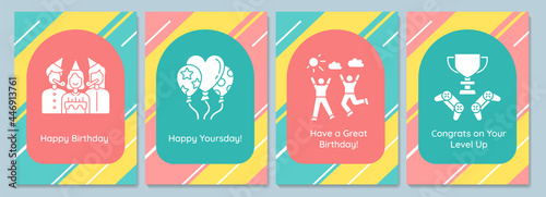 Birthday traditions greeting cards with glyph icon element set. Creative simple postcard vector design. Decorative invitation with minimal illustration. Creative banner with celebratory text