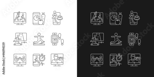 Online fitness classes linear icons set for dark and light mode. Virtual coaching. Nutrition tracker. Customizable thin line symbols. Isolated vector outline illustrations. Editable stroke