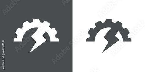Energía electrica. Icono plano engranaje con rayo en fondo gris y fondo blanco