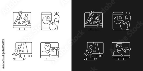 Online fitness coach linear icons set for dark and light mode. Virtual jogging marathon. Home sport classes. Customizable thin line symbols. Isolated vector outline illustrations. Editable stroke