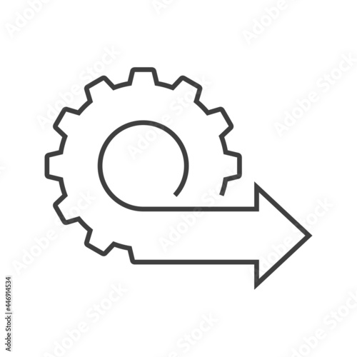Icono plano engranaje con flecha con lineas en color gris 