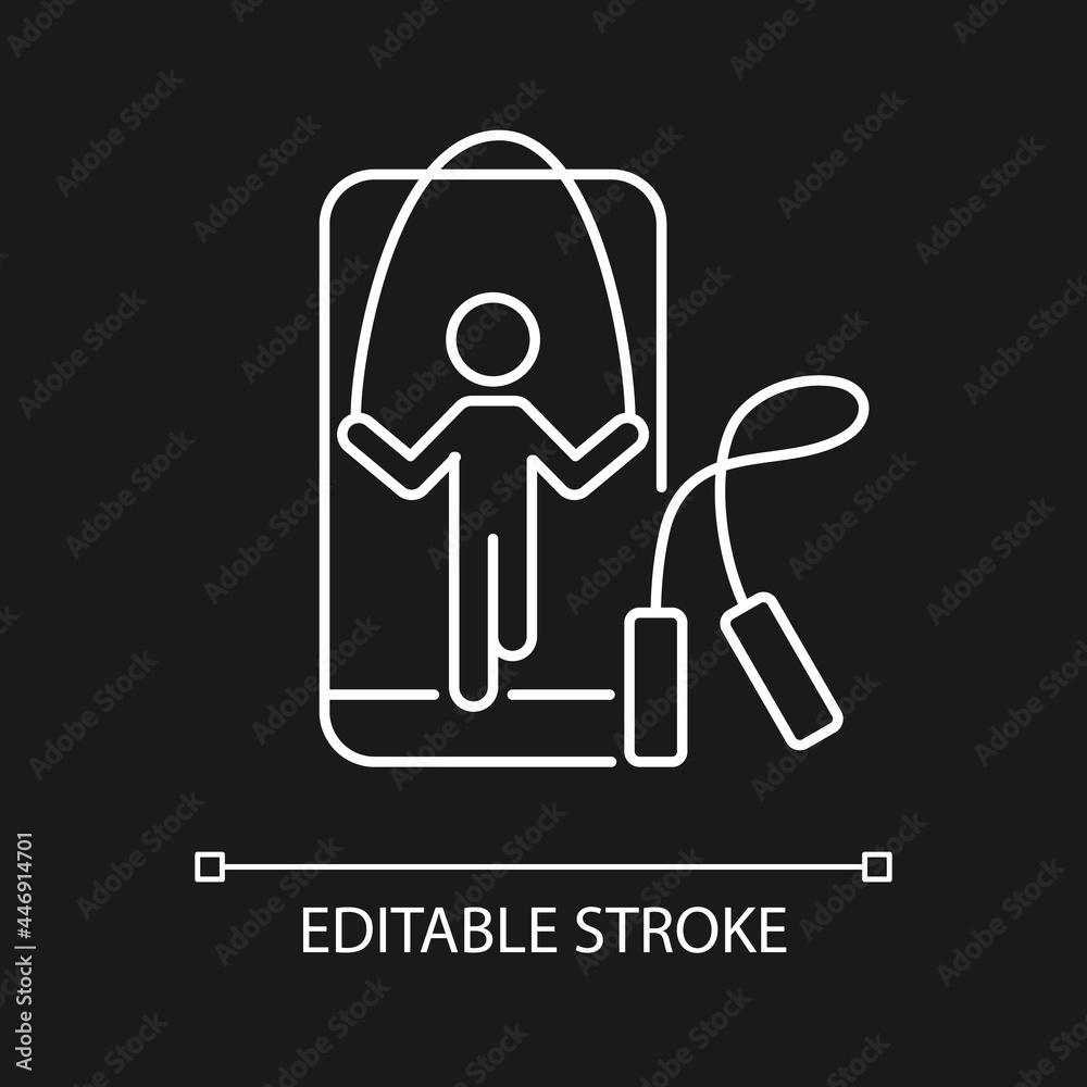 Online rope jumping workout white linear icon for dark theme. Fitness experience. Cardio training. Thin line customizable illustration. Isolated vector contour symbol for night mode. Editable stroke Online rope jumping workout white linear icon for dark theme. Fitness experience. Cardio training. Thin line customizable illustration. Isolated vector contour symbol for night mode. Editable stroke