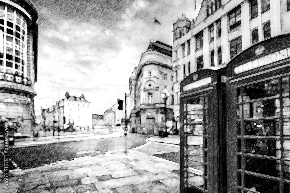 View of the street of London.. Black and white graphic image.