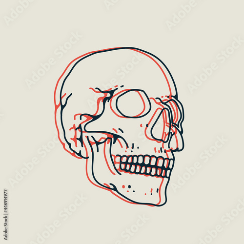Linear hand drawn skull illustration with stereo effect isolated on white background for logo or emblem or icon or t-shirt design. Vector illustration