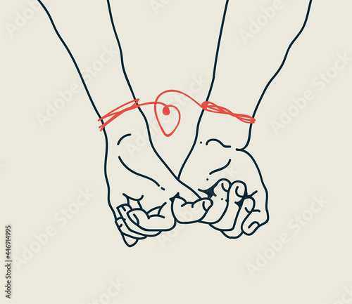 Couple of men and woman or boy and girl relationships concept with two hands little fingers outlined silhouettes holding each other tied with a red thread. Minimalistic vector illustration