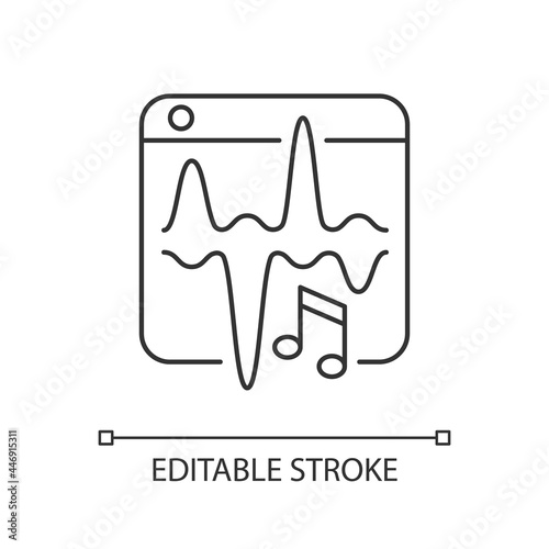 Music streaming service linear icon. Listening to songs, podcasts online. Personal playlist. Thin line customizable illustration. Contour symbol. Vector isolated outline drawing. Editable stroke