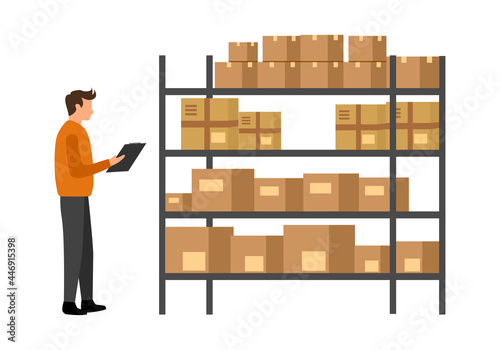 Warehouse worker checking stock inventory in flat design on white background. Inventory management. photo