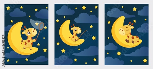 Cute little giraffe sleeping on moon in night sky collection card template. Cartoon character for kids room decoration, nursery art, birthday party, baby shower. Bright stock vector illustration