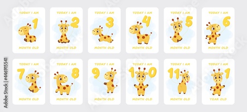 Baby milestone cards with cute little giraffe flying on number balloons for newborn girl or boy. Baby month anniversary card. Nursery print capturing all special moments. Stock vector illustration