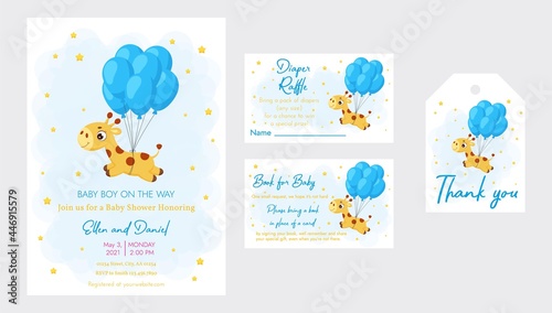 Baby Shower printable party invitation card template Baby boy on the way with Diaper Raffle, Book for baby and Thank you tag. Invitation set with cute little giraffe flying on balloons.