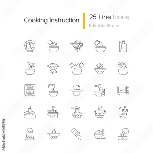 Cooking instruction linear icons set. Frying pan. Kitchen timer. Cook dinner and meal. Food preparation process. Customizable thin line symbols. Isolated vector outline illustrations. Editable stroke