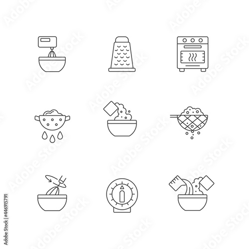 Food cooking instruction linear icons set. Beat ingredient in bowl. Grate for cutting. Meal preparation process. Customizable thin line symbols. Isolated vector outline illustrations. Editable stroke