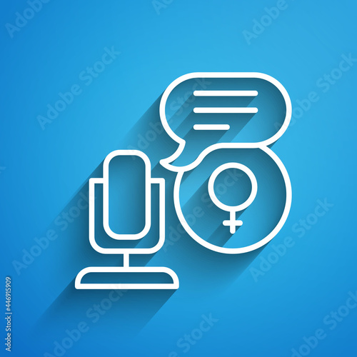 White line Microphone icon isolated on blue background. On air radio mic microphone. Speaker sign. Long shadow. Vector