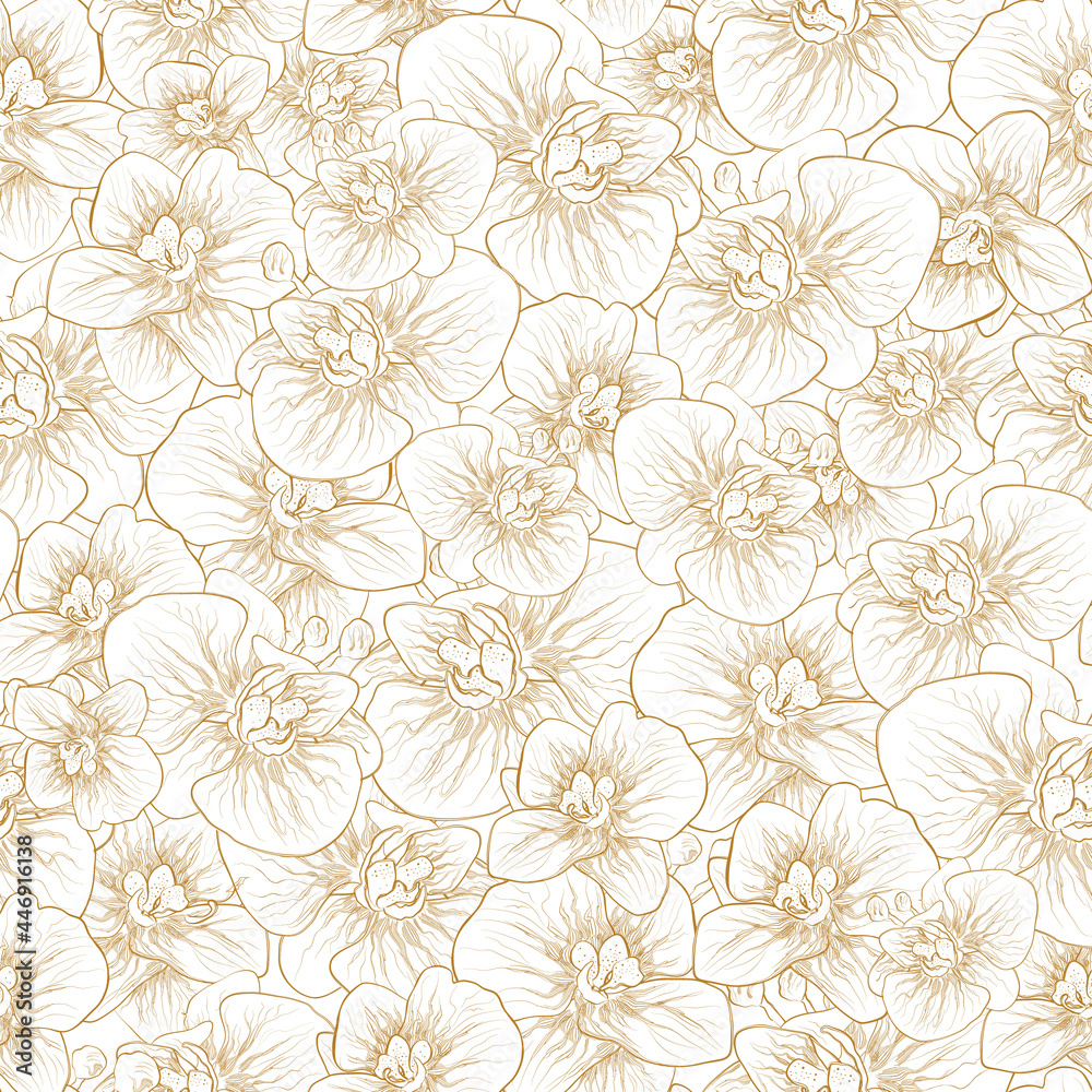 Floral, seamless botanica pattern, orchid flower isolated on white background.  modern  wallpaper. hand-drawn illustration for textiles in a minimalist style. art  drawing for print wrapping paper. 