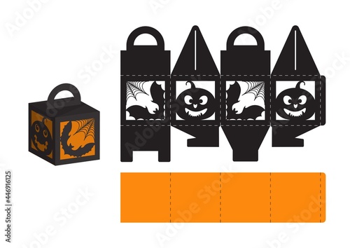 Happy Halloween treat box. Gift party favor box for sweets, candies, small presents, bakery. Simple packaging die cut template for laser cut, great design for any purposes, birthdays, baby showers.
