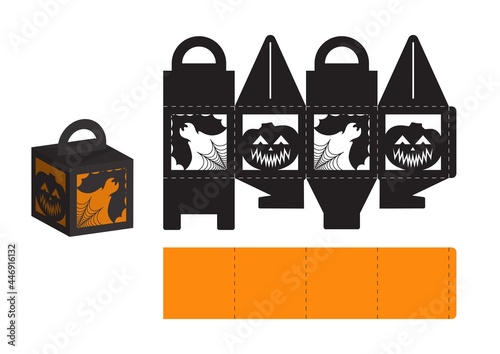 Happy Halloween treat box. Gift party favor box for sweets, candies, small presents, bakery. Simple packaging die cut template for laser cut, great design for any purposes, birthdays, baby showers.