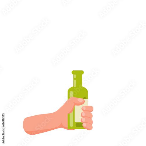 Hand hold bottle of beer in green glass container. Drink and the concept of alcoholism. Flat cartoon illustration