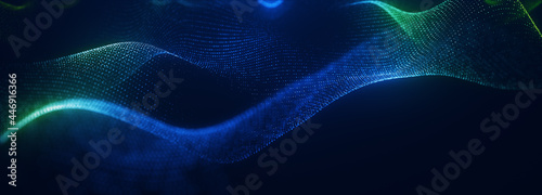 Creative abstract wave technology background with blue light digital effect particulars. 3d Render.