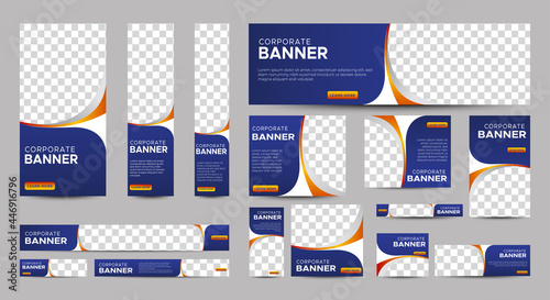 Gradient Blue Banner templates set with standard size for web. Business banner with place for photos for Social Media, Cover ads banner, flyer, invitation card. Vector EPS 10