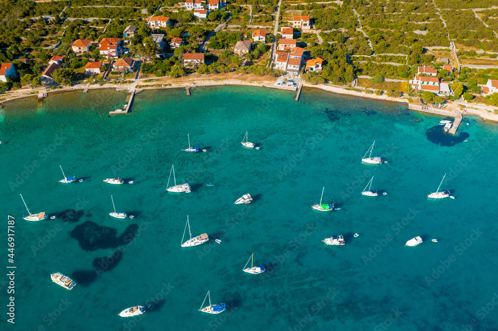 Aerial view of the yachts and sailing boats near Ist island, the Adriatic Sea in Croatia