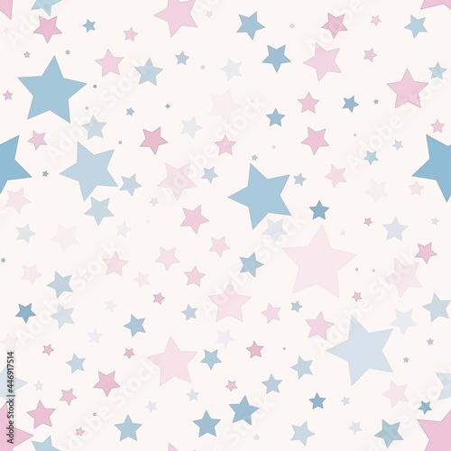 Vector random geometric star feminine blue pink color seamless pattern background. Modern kids fashion. Use for fabric, textile, cover, upholstery, interior decoration elements, wrapping.