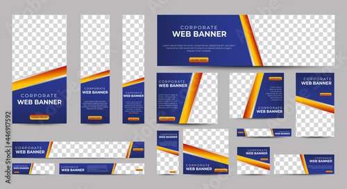 Gradient Blue Banner templates set with standard size for web. Business banner with place for photos for Social Media, Cover ads banner, flyer, invitation card. Vector EPS 10