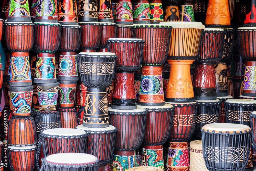Colorful djembe drums at souvenir shop, Phoenix Ancient Town