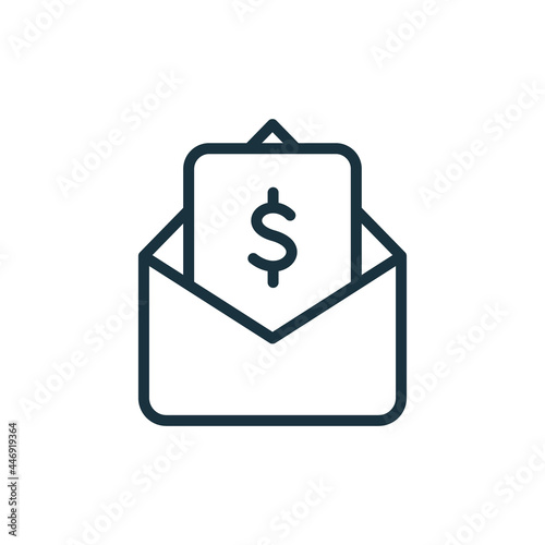Envelope with Payment Bill linear Icon. Dollar Bill Line Pictogram. Financial Reward, Payment and Transfer Icon. Opened Envelope with Money. Editable stroke. Vector illustration