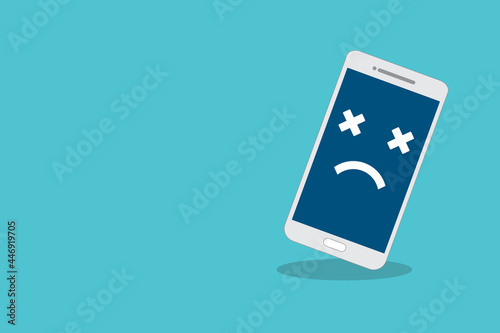 Broken smartphone with sad smile. Broken phone service, recovery and repair concept. 