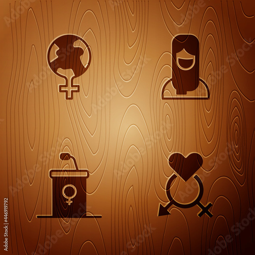 Set Gender, Feminism in the world, Debate podium rostrum and Muslim woman hijab on wooden background. Vector
