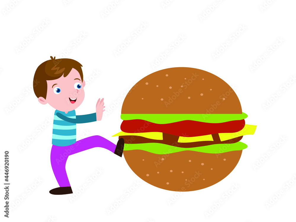 Boy pushes hamburger away 2D cartoon concept for banner, website, illustration, landing page, flyer, etc. Boy pushes hamburger away 2D cartoon concept for banner, website, illustration, landing page, flyer, etc.