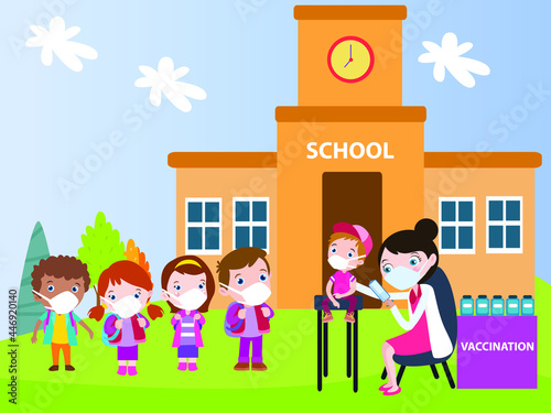 Students queue wearing face mask outdoors for vaccination 2D cartoon concept for banner, website, illustration, landing page, flyer, etc.