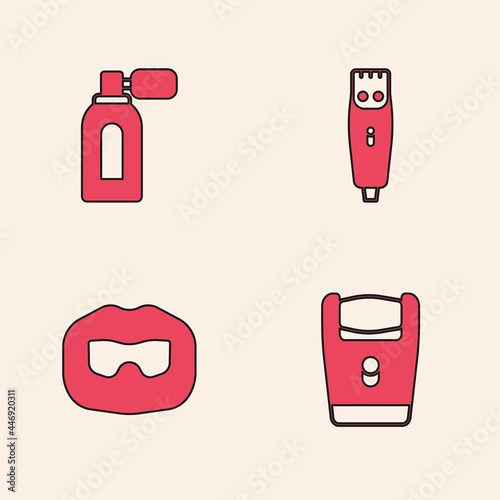 Set Electric razor blade, Aftershave with atomizer, Hair clipper and Mustache and beard icon. Vector