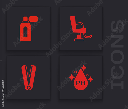 Set Oil for hair care treatment, Aftershave with atomizer, Barbershop chair and Curling iron icon. Vector