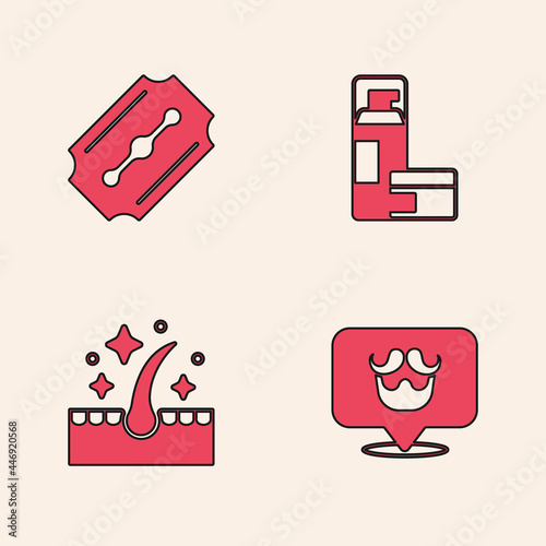 Set Barbershop, Blade razor, Shaving gel foam and Oil for hair care treatment icon. Vector
